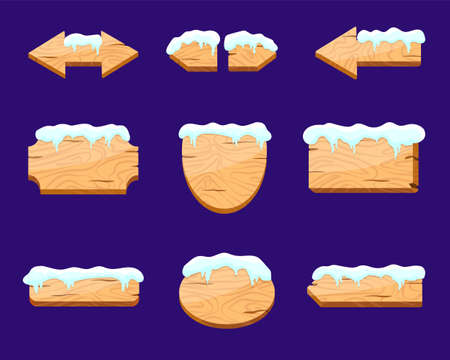 Wooden cartoon signs with snow caps isolated vector illustration. Round, semi circle, rectangle and arrow shapes blank wooden sign board for message.のイラスト素材