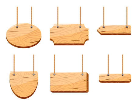 Wooden cartoon signs hanging on a rope isolated on white background vector illustration. Round, semi circle, rectangle and arrow shapes blank wooden sign board for message. Brown signpost collection.のイラスト素材