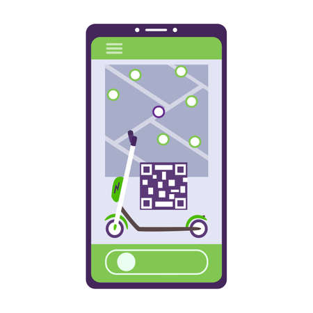Mobile application for renting an electric scooter. On the phone screen is a kick scooter with map and qr-code. Modern eco transport in the city for sharing in white background. Vector illustration.のイラスト素材