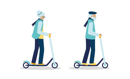 A pair of old people ride a rented electric scooter together. Seniors with gray hair on a kick scooter. Set of grandparents grandmother and grandfather on eco city transport. Vector illustration.のイラスト素材