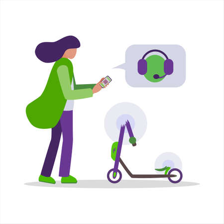Young woman found a broken rented kick electric scooter. The girl writes to the app and calls technical support by phone to repair and pay insurance. Vector illustration on a white backgroundのイラスト素材
