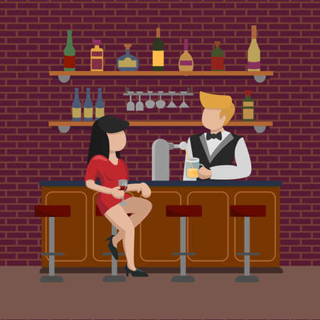 A young girl in a red dress sits on a high bar stool and waits for an order for a glass of beer. The bartender pours alcohol into a mug. The interior of the bar cafe pub. Vector flat illustration.のイラスト素材