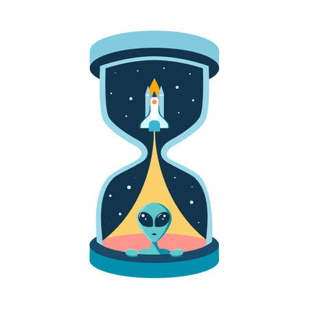 The time of intergalactic friendship with aliens. Huge hourglass or sandglass with rocket shuttle and extraterrestrial martian face. Abstract startup concept with new ideas and space exploration.のイラスト素材