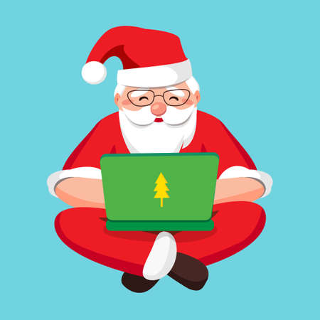 Santa Claus with a laptop, carefully answers incoming letters and gift wishes and receives mail. Santa Claus programming code and relaxed sitting cross-legged isolated. Vector illustrationのイラスト素材
