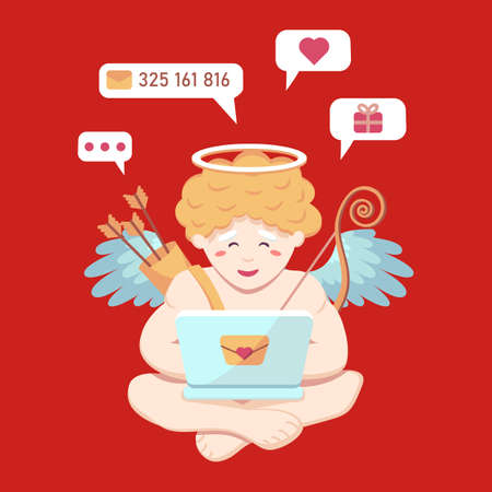Blogger cupid amur carefully answers incoming letters and gift and love wishes in a laptop and sits cross-leggedly relaxed around minimal chat bubbles. Vector flat illustration or St. Valentines Day.のイラスト素材
