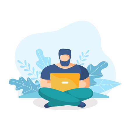 Young man with laptop sitting in nature and leaves. Concept illustration for working, freelancing, studying, education, work from home. Vector illustration in flat cartoon style. Character with beard.のイラスト素材