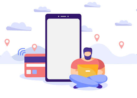 Smartphone template with white screen. Back side of a bank card with magnetic tape. A young man sits with a laptop on a background of mountains with location pins. Vector flat illustrationのイラスト素材