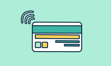 Color icon Contactless payment. Bank credit card with magnetic stripe and with radio wave outside sign. isolated icon, vector illustration.  Electronic financial transactions. NFC. Editable strokeのイラスト素材