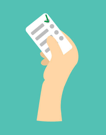 A hand holds a checklist card with a list of tasks and works. The first task is completed. Voting concept, check sheet. Vector flat illustration isolated on green backgroundのイラスト素材