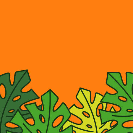 Frame with copy space at the top of vector monstera leaves on an orange hot summer background.  Border of green and yellow bouquet of a home plant with a dark stroke. Vector flat modern illustrationのイラスト素材