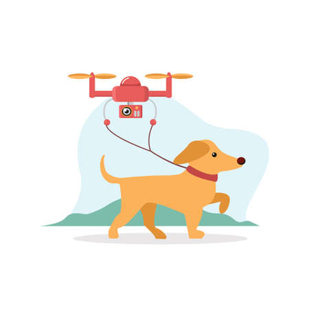 Quadrocopter walks the dog remotely. Cheerful running puppy walks on his own, on leash by flying drone. Vector Flat Art modern. Technology illustration of the future.のイラスト素材