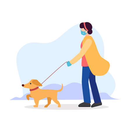 Dog walking rules during quarantine. Owner girl or sitter in a sterile medical mask, with blindfold, gloves and walking a dog on a leash in a collar. Vector flat modern illustrationのイラスト素材