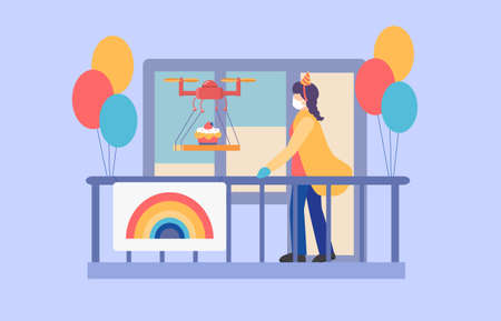 Birthday concept during coronavirus pandemic and social isolation. Woman in mask on balcony receives gift. Contactless parcel. Drone quadcopter delivered birthday cake. Stay home. COVID-19 bannerのイラスト素材