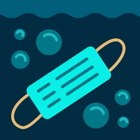 Concept of consequences of overuse of disposable medical surgical masks. Pollution of waters of ocean and the sea, environment. Non-recycled mask drowns in water bubbles underwater. Vector stockのイラスト素材