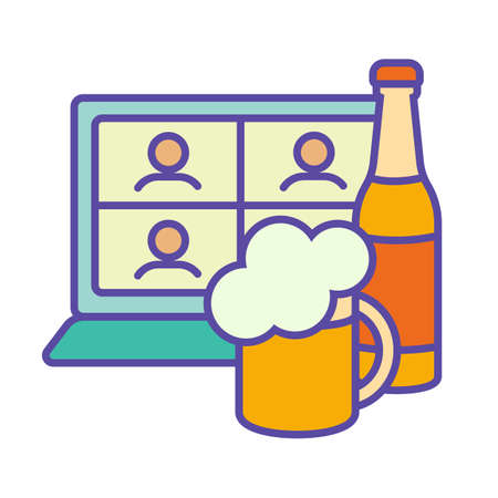 Friends online foam party teleconference network with a glass cup of beer and a bottle of foamy. There are people on the screen. Outline vector color icon.のイラスト素材