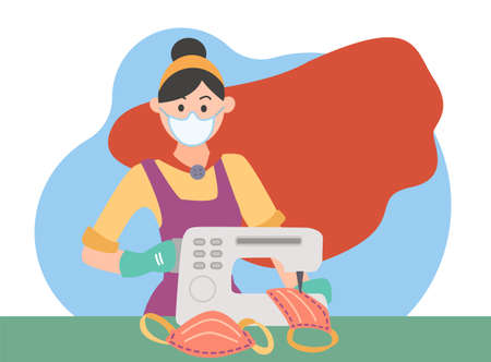 Essential employee seamstress woman sews a mask on a sewing machine. Sewing factory of medical masks at home to protect against coronavirus. Super hero new reality in cloak. Vector flat illustration.のイラスト素材