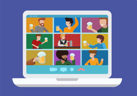 Remote bar. Online teleconference alcoholic beer party of friends. Laptop monitor screen with group of people in zoom room with glasses and bottles of beer in hands. Vector flat modern illustration.のイラスト素材