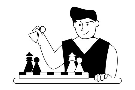 Chess player. Man reflects on strategy of pawn move. Vector flat outline black white illustration isolated. Banner, landing. Learn to play chess, make decisions. Queen gambit. Business concertのイラスト素材