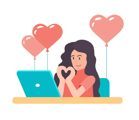 Virtual Valentines Day. Girl is chatting online via video communication on laptop, shows heart love with hand gesture. Remote dating at a distance during quarantine. Vector flat illustration isolatedのイラスト素材