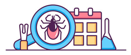 Control and Preventing ticks and Lyme Disease on pets.Tick season.Tweezers and medical drops for treatment. Calendar and magnifying glass with insect. Vector flat illustration.のイラスト素材