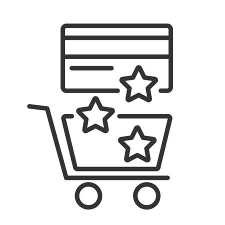 Reward icon for purchases from a credit card in stores. Star bonuses are poured from the bank card into the shopping cart. Vector thin line illustration isolated linear. Editable strokeのイラスト素材