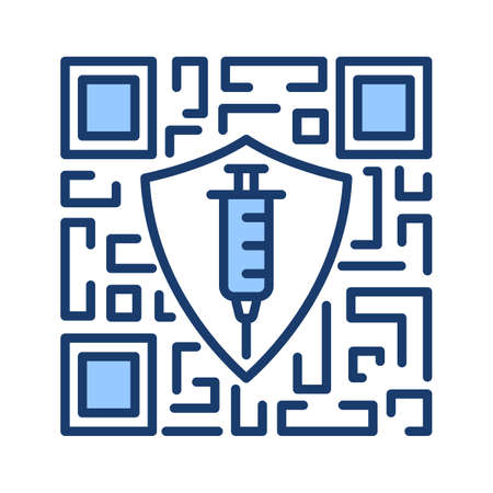 virus vaccination QR code. Electronic digital passport of a negative   virus test result. Vaccine data. Protective shield and syringe. Vector flat illustration icon for web, uiのイラスト素材