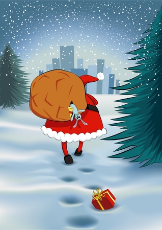 Santa Claus walking towards a town with a big sack on his back, losing some gifts のイラスト素材