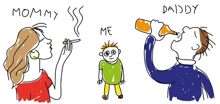  Child s drawing of him and his parents with alcohol and smoking addictions のイラスト素材