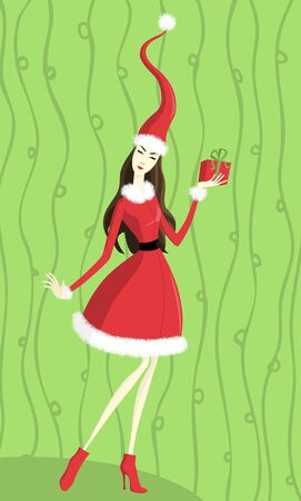 Illusration of a young lady holding christmas gift on green backgroundのイラスト素材