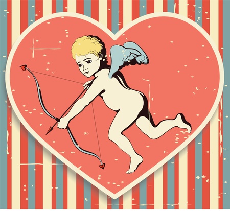 Flying Cupid with bow and arrow on a retro background with texture のイラスト素材