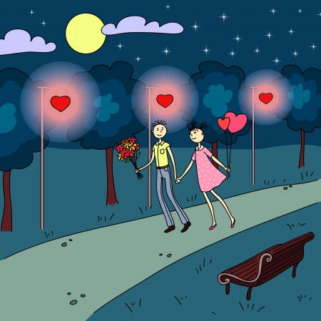 Boy and girl walking on the alley in the park under the moonhine and heart shaped lanterns のイラスト素材