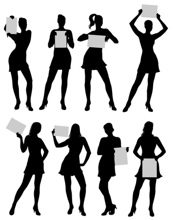 Isolated silhouettes of a woman with paper in different posesのイラスト素材