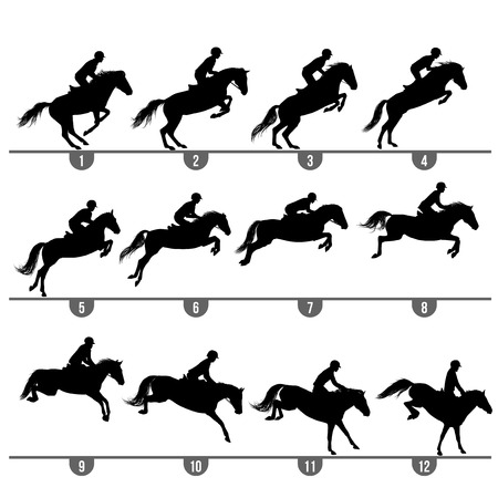 Set of 12 jumping horse phases silhouettesのイラスト素材
