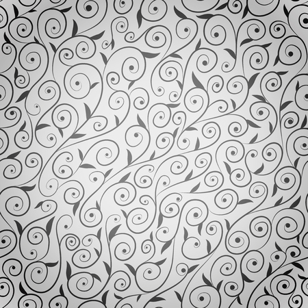 Seamless monochrome pattern with curled lines, leaves and berriesのイラスト素材