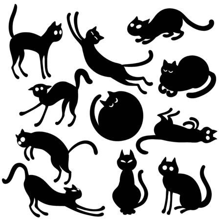 Set of 10 black kitten in cartoon style.のイラスト素材