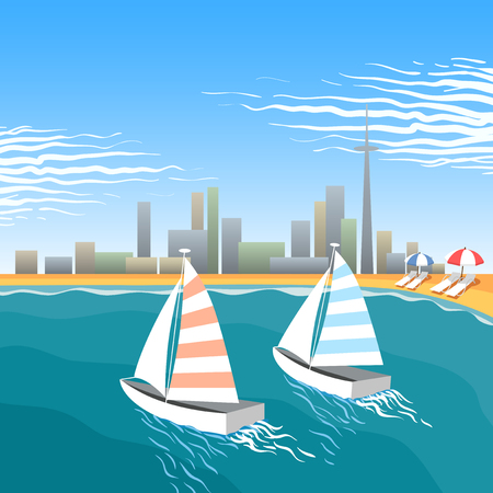 Two wind yachts on the city beachのイラスト素材