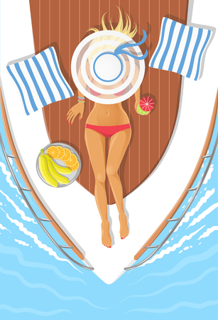 Sunbathing young woman on a boat in the oceanのイラスト素材
