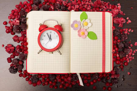 Red frozen berries and red clock on a wooden background