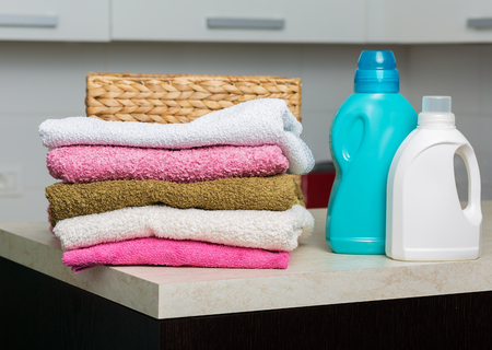 Clean towels, basket and various washing detergents