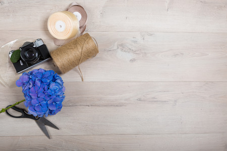 Lovely bouquet in a flower shop on a wooden backgroundの写真素材