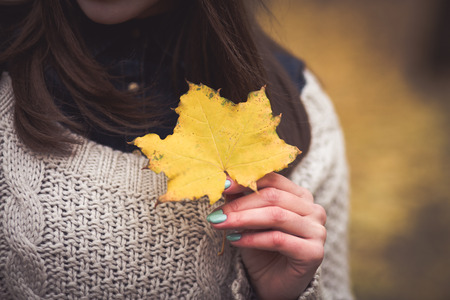 Woman holding an autumn leaf in the parkの写真素材