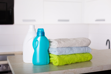 Freshly washed laundry with detegrent and fabric softnerの写真素材