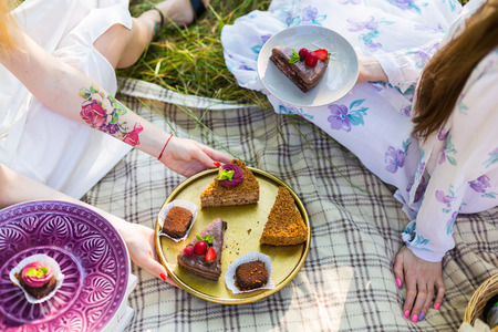 Cake on a plate at the summer picnicの写真素材
