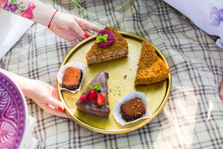 Cake on a plate at the summer picnicの写真素材