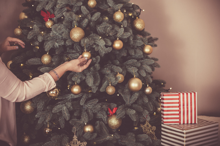 Preparing for Christmas celebrations. Traditional decorations at homeの写真素材