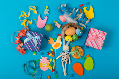 Spring background with traditional Easter symbolsの写真素材