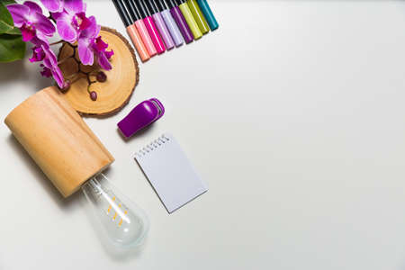 Creative workplace setting. High angle view