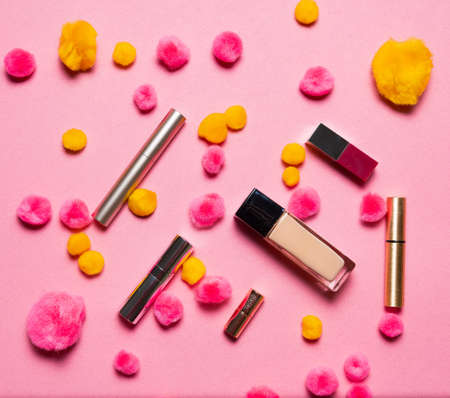 Makeup set on a vibrant holiday  backgroundの写真素材