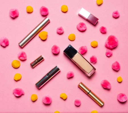 Makeup set on a vibrant holiday  backgroundの写真素材