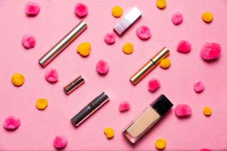 Makeup set on a vibrant holiday  backgroundの写真素材
